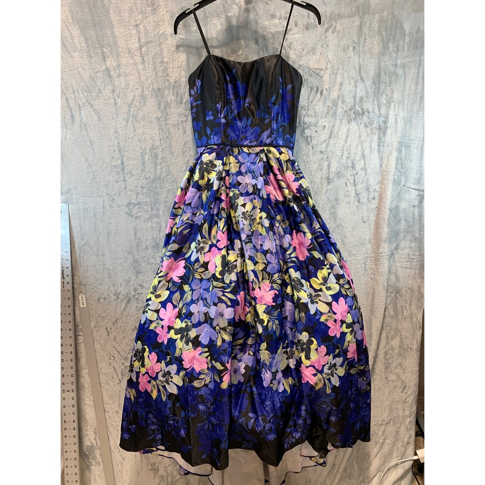Betsy & Adam Floral High-Low Satin Evening Gown Dress Black Blue A27019 Size 2